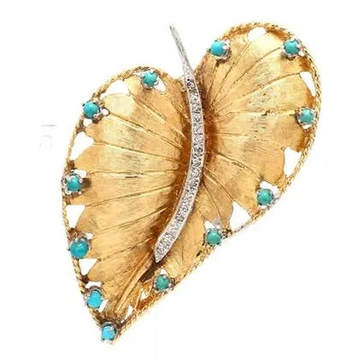 14k Two-Tone Turquoise and Diamond Leaf Pin