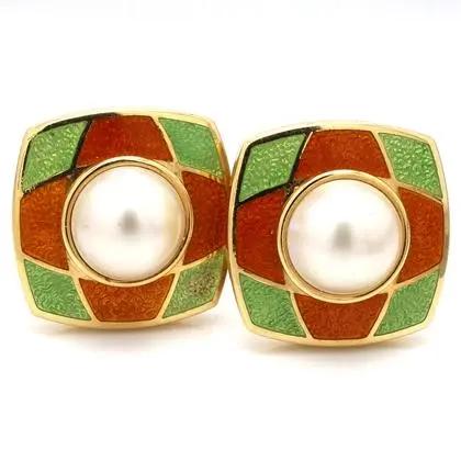 18K Yellow Gold Earrings with 12.5mm Mabe Pearls and Enamel