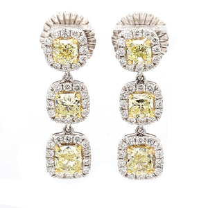 Fancy Yellow & White Diamond Estate Drop Earrings in 18K Two-Tone Gold