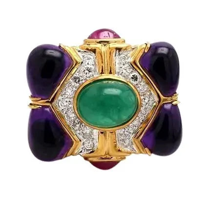 18k Yellow Gold Multi-Gemstone and Diamond Ring