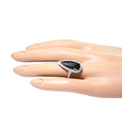 Pear-Shaped Green Tourmaline Ring with Round Diamond Accents