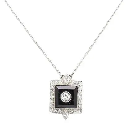 Platinum Pendant Necklace with Diamonds and Onyx