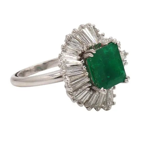 Emerald-Cut Emerald Ballerina Platinum Ring with Baguette Diamond Accents