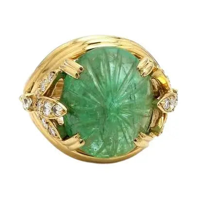 18k Yellow Gold Carved Emerald and Diamond Ring