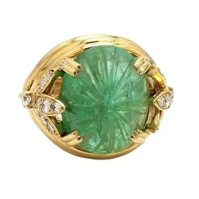 18k Yellow Gold Carved Emerald and Diamond Ring
