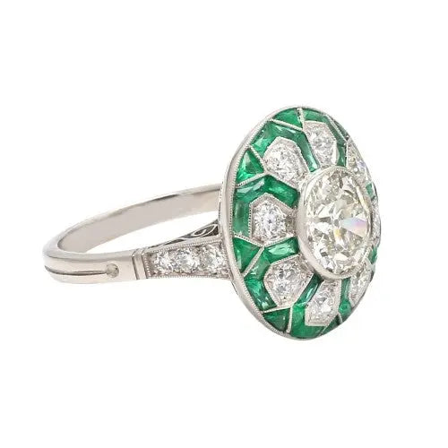 European Cut Diamond and French Cut Emerald Ring