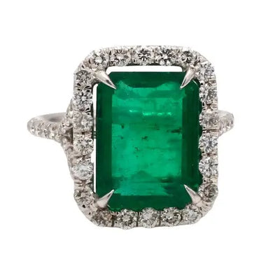 Platinum Ring with Emerald Cut Emerald and Diamond Accents