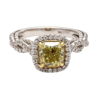 18K Yellow and White Gold Fancy Greenish Yellow Diamond Ring Size 6
