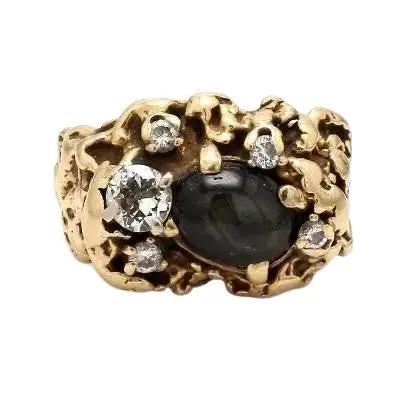 14K Yellow Gold Ring with Black Star Sapphire and Diamonds