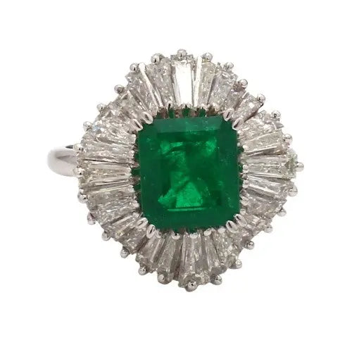 Emerald-Cut Emerald Ballerina Platinum Ring with Baguette Diamond Accents