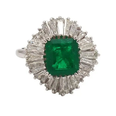 Emerald-Cut Emerald Ballerina Platinum Ring with Baguette Diamond Accents