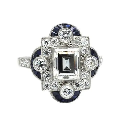 1.30ct Art Deco Step Cut Diamond & Sapphire Ring