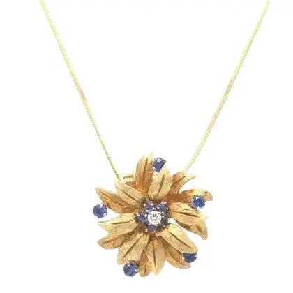 14k Yellow Gold Flower Pendant Necklace with Sapphires