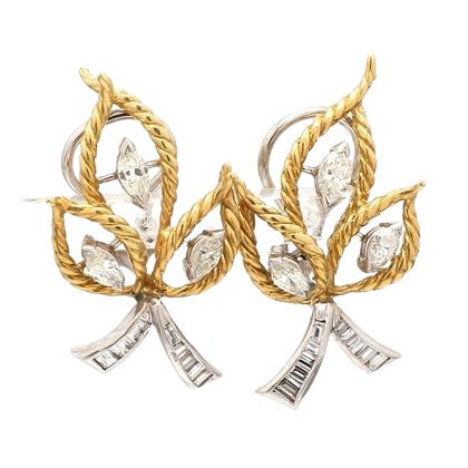 Platinum & 18k Yellow Gold Earrings with Marquise and Baguette Diamonds
