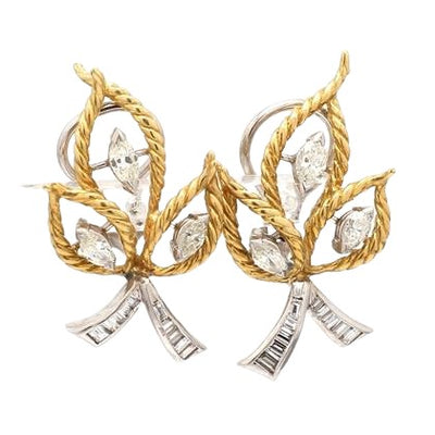 Platinum & 18k Yellow Gold Earrings with Marquise and Baguette Diamonds