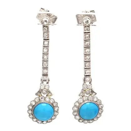 Platinum Earrings with Turquoise and Old European Cut Diamonds