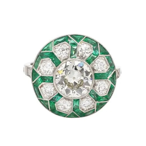 European Cut Diamond and French Cut Emerald Ring