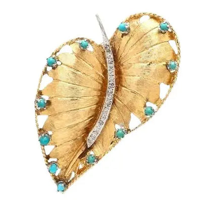 14k Two-Tone Turquoise and Diamond Leaf Pin