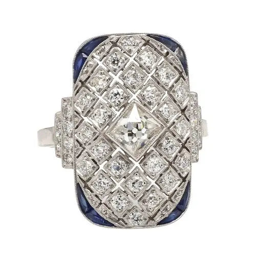 French and Old Mine Cut Diamond Ring with Sapphire Accents