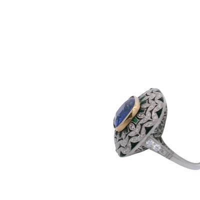 4.78CTW CUSHION CUT SAPPHIRE & 0.50CTW OLD EUROPEAN CUT DIAMOND RING