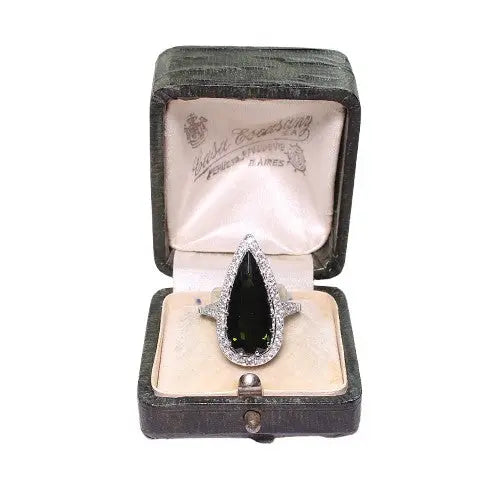Pear-Shaped Green Tourmaline Ring with Round Diamond Accents
