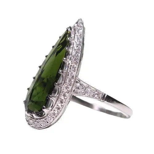 Pear-Shaped Green Tourmaline Ring with Round Diamond Accents
