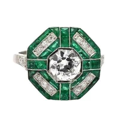 Platinum Ring with Emeralds and Old Mine Cut Diamonds