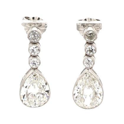Platinum Earrings with Pear-Shaped and Old Mine Cut Diamonds