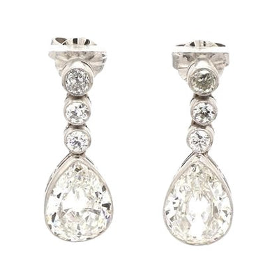 Platinum Earrings with Pear-Shaped and Old Mine Cut Diamonds