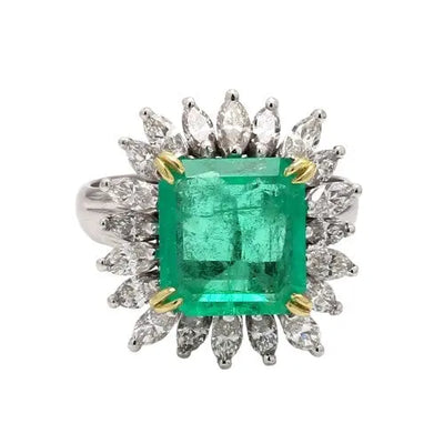 Square Emerald 14K Ring with Marquise Diamond Accents