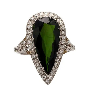 Pear-Shaped Green Tourmaline Ring with Round Diamond Accents