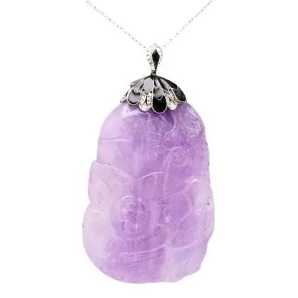 Carved Lavender Jade Gold Necklace with Diamonds and Enamel Inlay