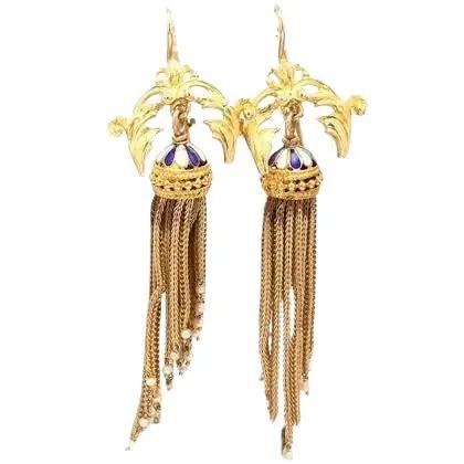 14k Yellow Gold Blue & White Enamel Tassel Earrings