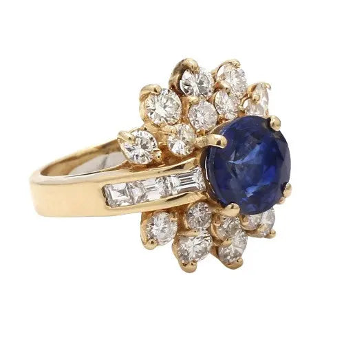Blue Sapphire Ring with Round and Baguette Diamond Accents