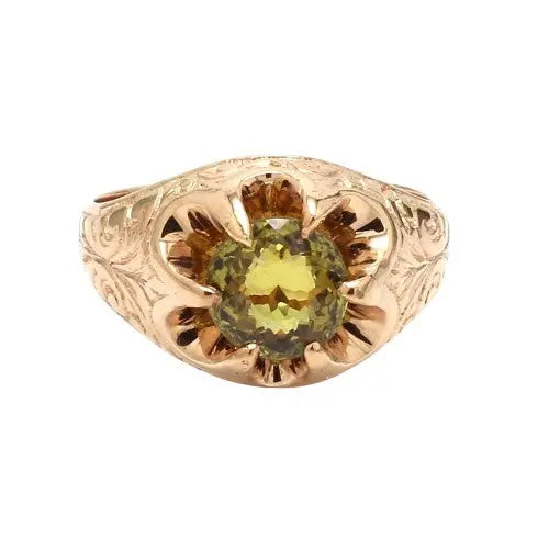 Estate 14K Round Peridot Belcher Style Ring with Ornate Engravings