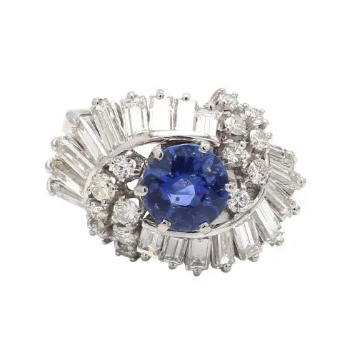 Round Sapphire Ring with Baguette and Brilliant Diamonds