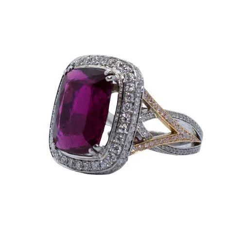 8.18ct Rubellite Tourmaline Cushion Cut & Diamond Ring