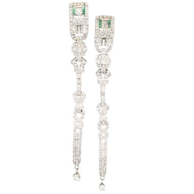 Platinum Earrings with Marquise, Old European Cut Diamonds and Emeralds