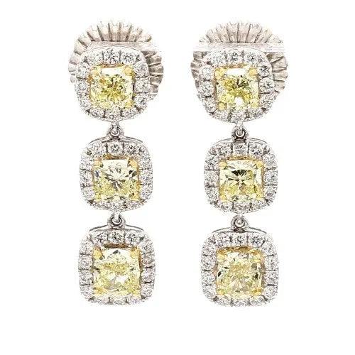 Fancy Yellow & White Diamond Estate Drop Earrings in 18K Two-Tone Gold