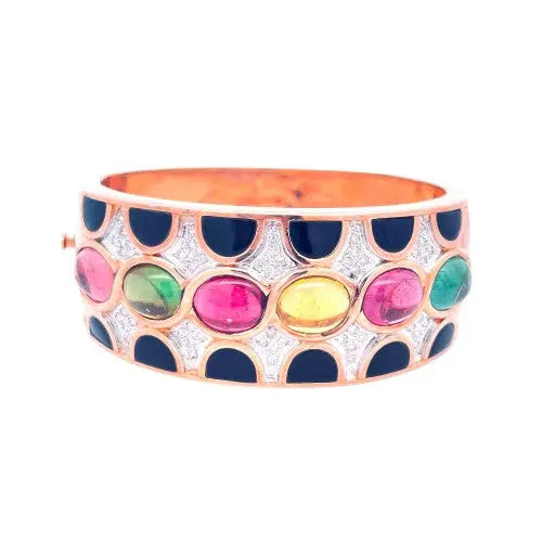 Estate 14K Gold Multi Stone & Diamond Bangle Bracelet