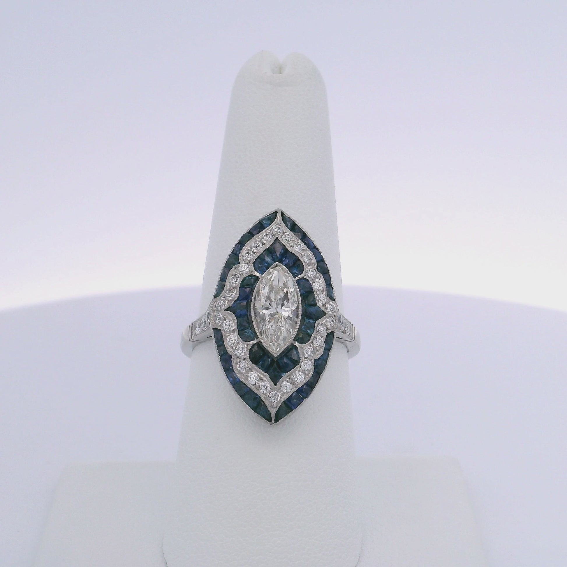 1.04CTW ANTIQUE MARQUISE CUT DIAMOND & 2.05CTW SAPPHIRE RING