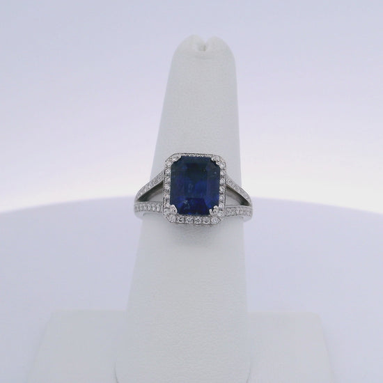 3.67CTW EMERALD CUT BLUE SAPPHIRE & 1.00CTW ROUND BRILLIANT CUT DIAMOND RING