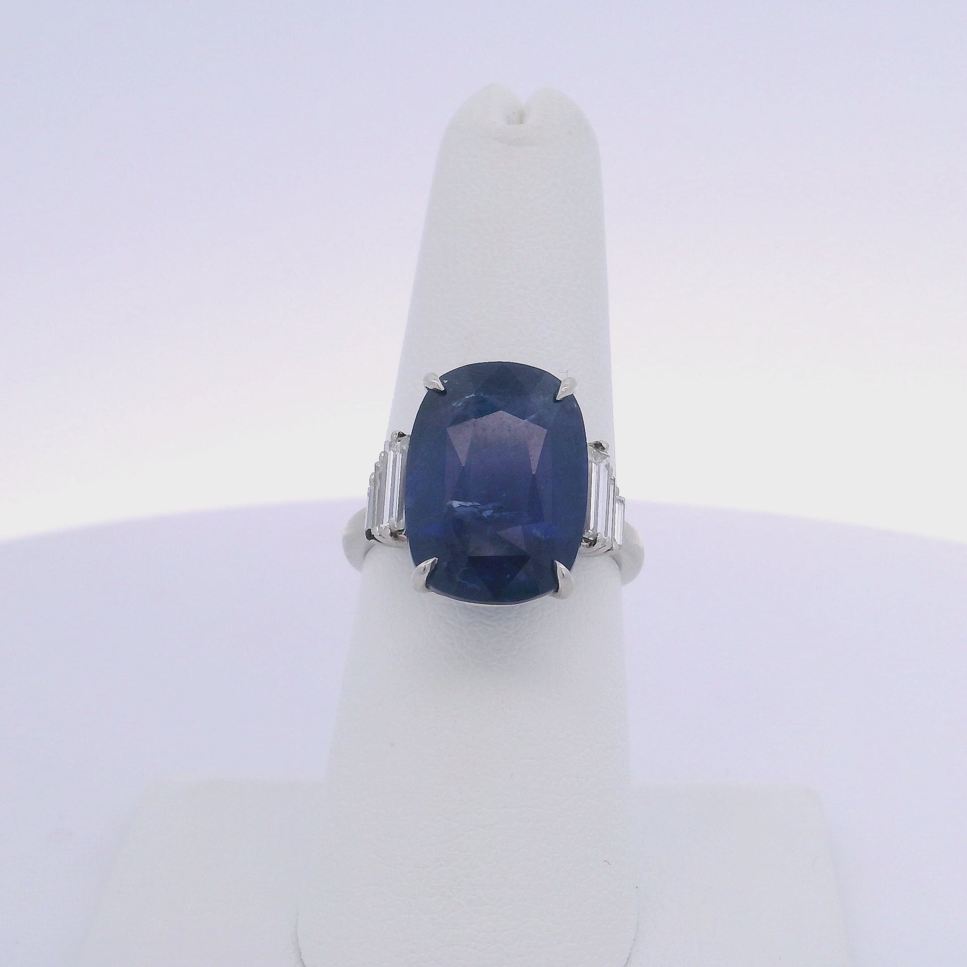 12.92CTW CUSHION SAPPHIRE & 0.66 BAGUETTE CUT DIAMOND RING