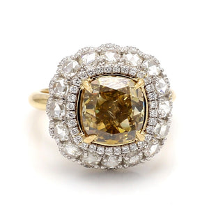 SOLD - 4.25ct Fancy Deep Brownish Greenish Yellow Cushion Cut Diamond Ring - GIA Certified
