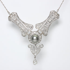 2.84ctw Old European Cut Diamond and Tahitian Pearl Necklace