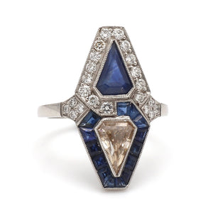 SOLD - 0.54ct Kite Shaped Diamond and Sapphire Ring