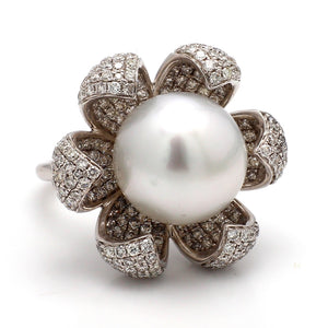SOLD - 14mm Pearl and Pave Diamond, Flower Ring