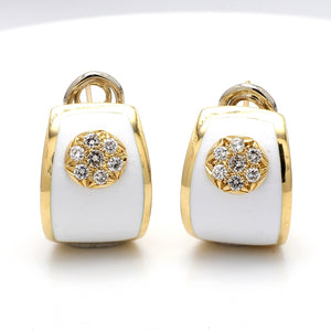 SOLD - Diamond Flower, White Enamel Hoop Earrings