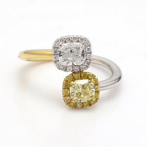 SOLD - 0.73ct E SI1 and 0.59ct Fancy Yellow Cushion Cut Diamond Ring - GIA and EGL Certified
