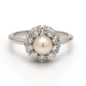 SOLD - 6mm Pearl and Old European Cut Diamond Ring